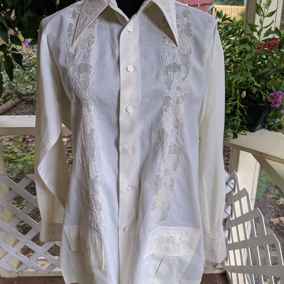 🧨Vintage Ivory Double Red Horse Long Sleeve Embroidered Shirt Eclectic Grandpa - Picture 2 of 10